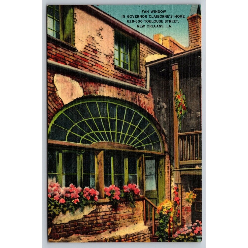 Postcard Louisiana New Orleans Fan Window Governor Claiborne Home Toulouse c1940